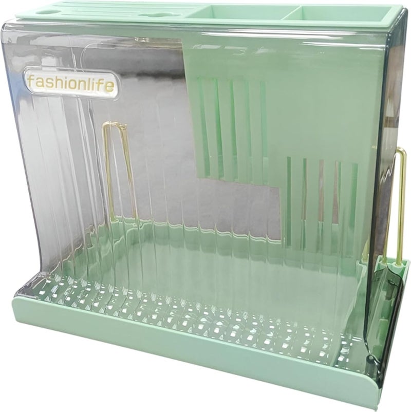 حامل أدوات المائدة للمطبخ - منظم أنيق أخضر اللون لسطح العمل مزود بصينية تصريف مدمجة للملاعق والشوك والأواني، مثالي للمطابخ الحديثة ومخازن المؤن.